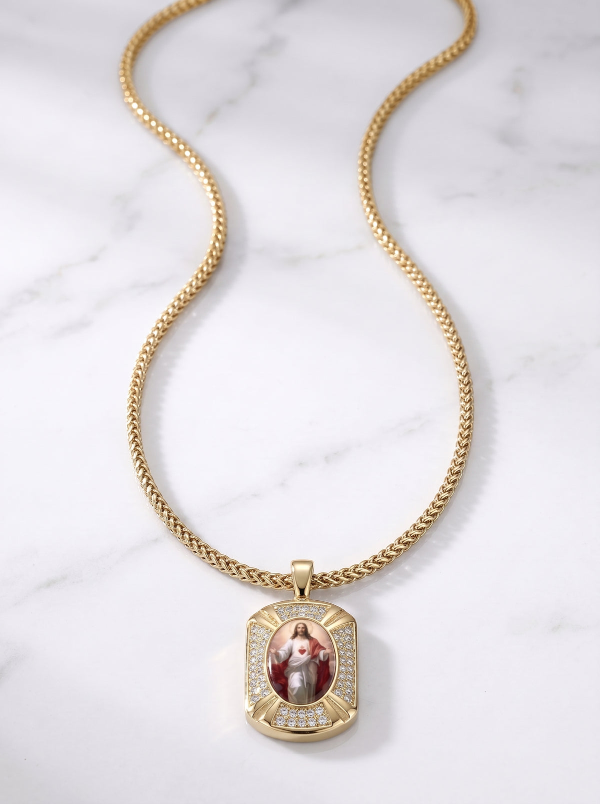 Sacred Heart of Jesus and Mother Mary Crystal Reversible Pendant