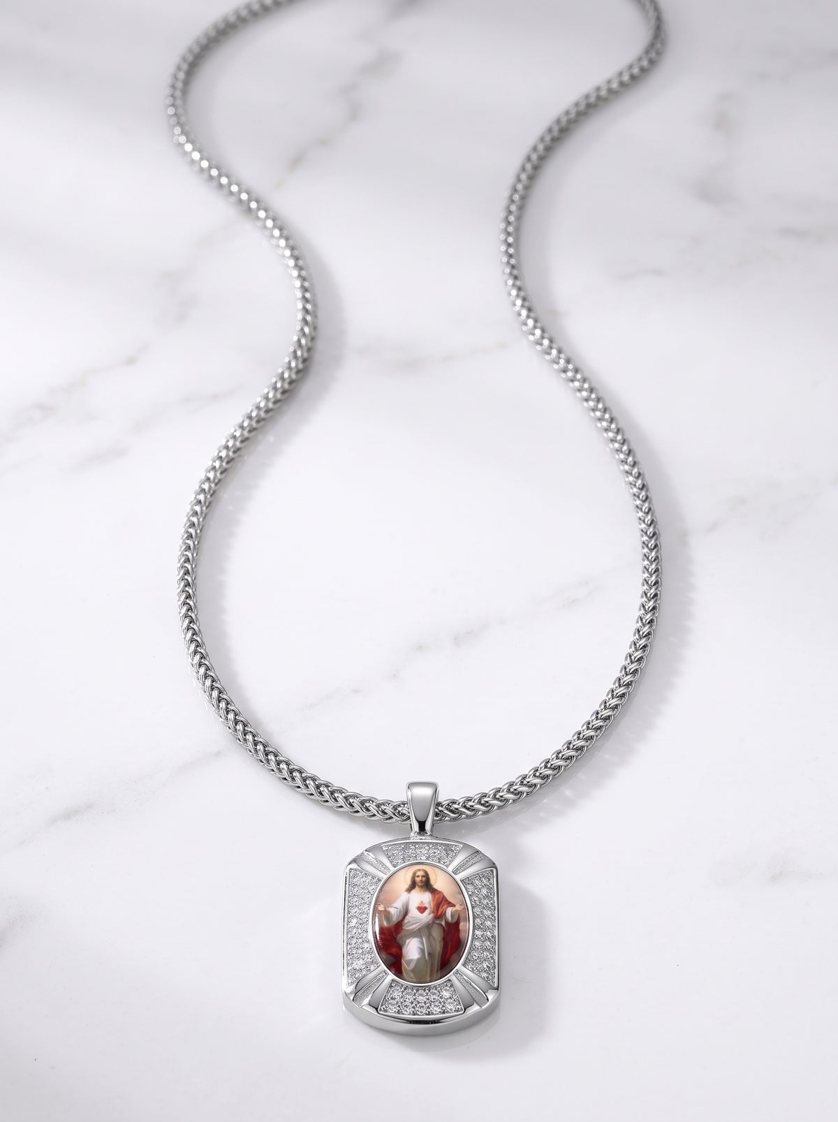 Sacred Heart of Jesus and Mother Mary Crystal Reversible Pendant