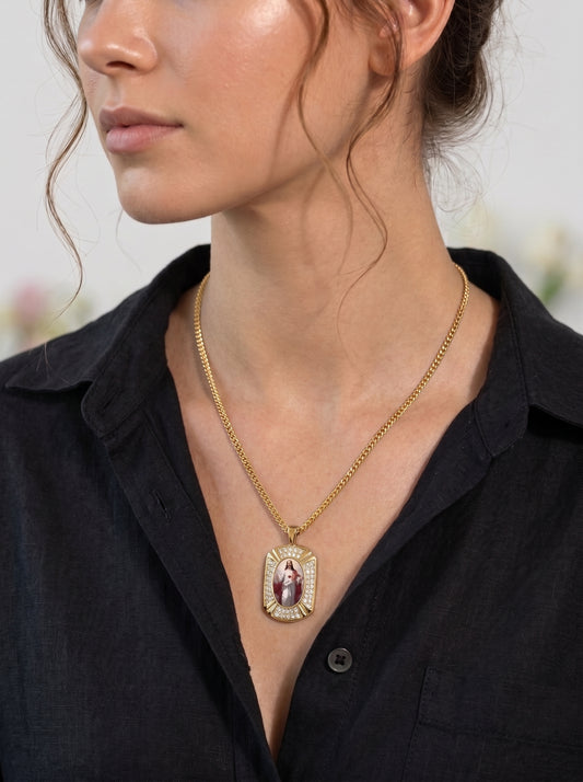 Sacred Heart of Jesus and Mother Mary Crystal Reversible Pendant