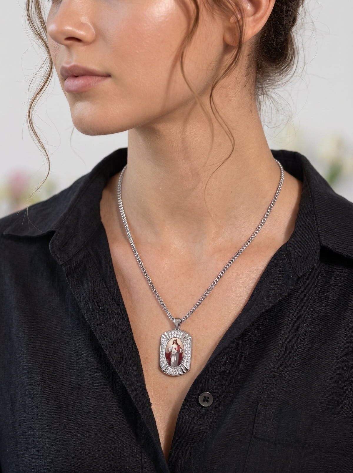 Sacred Heart of Jesus and Mother Mary Crystal Reversible Pendant